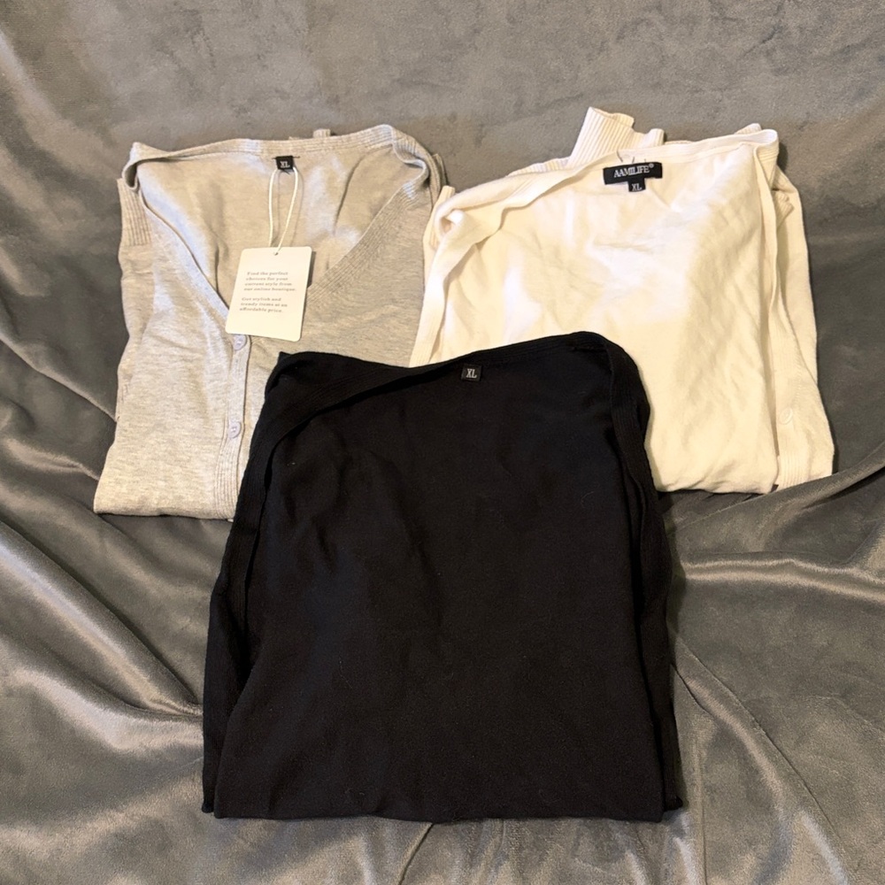 Three Neutral Cardigans - Black, Light Gray, white